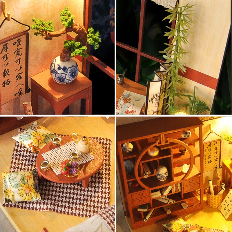 Mô hình nhà DIY Doll House Calligraphy Thư phòng cổ Kèm Mica Chống bụi, Bộ dụng cụ và Keo dán