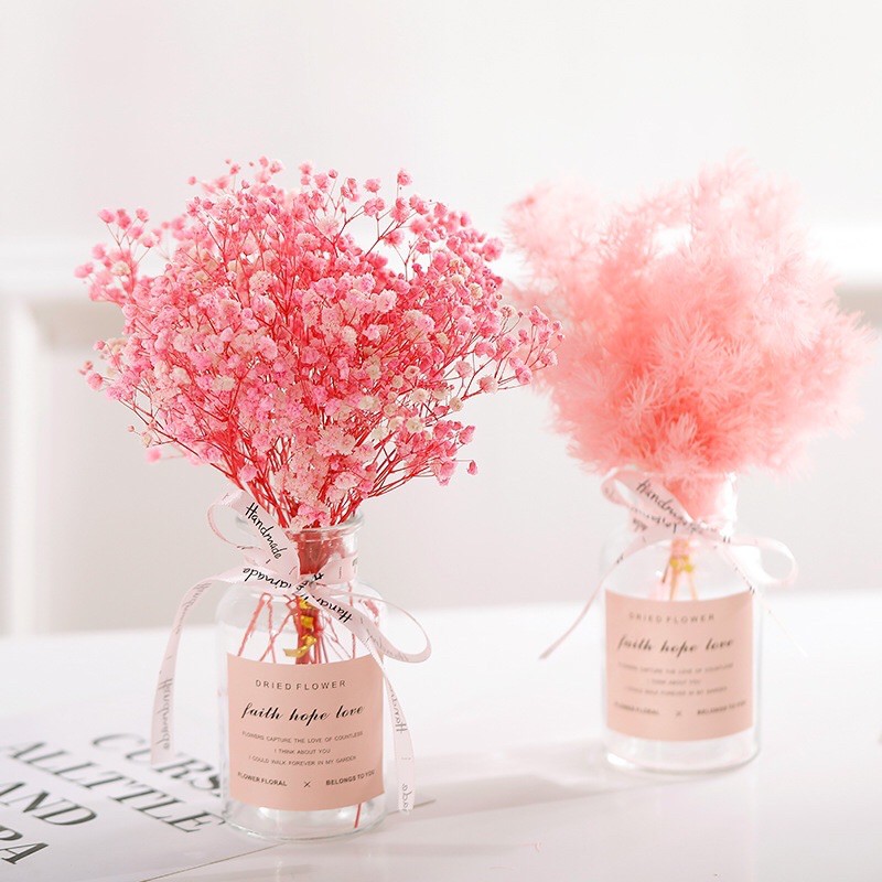 Bình hoa khô được làm từ hoa tự nhiên đã qua xử lý kèm dây điện và nơ