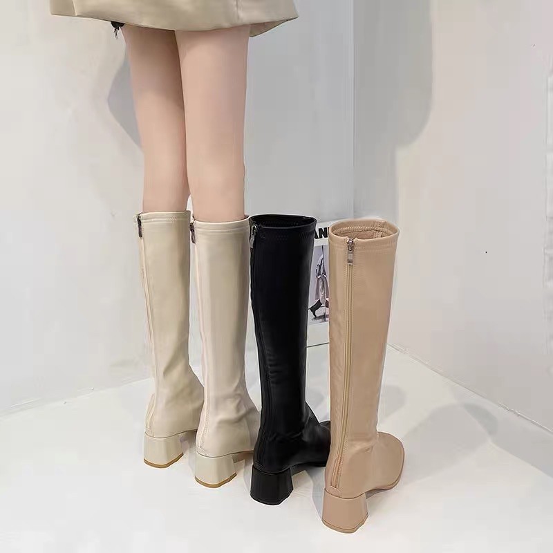 Giày bốt nữ boot đùi da, có khoá kéo, đế 5cm, thời trang, đơn giản, phong cách