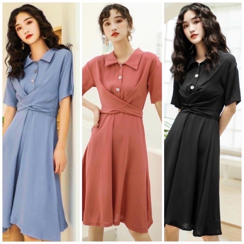 Đầm váy sơ mi hồng ruốc chéo eo