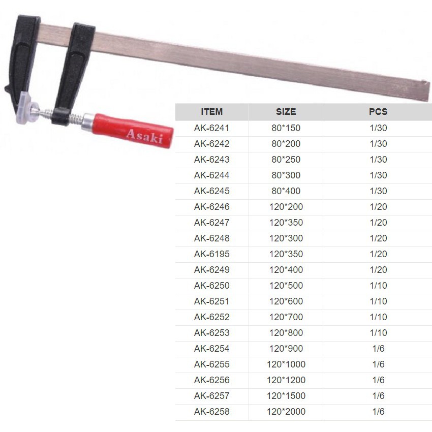 Vam chữ F - Cảo kẹp gỗ chữ F  ASAKI 80x150mm, 80x200mm, 80X250MM, 80x300mm, 80x400mm