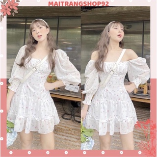 Váy babydoll hoa nhí cổ vuông tay dài dây rút ngực dáng xoè bèo tầng 2 lớp phong cách Hàn Quốc (TTA122)