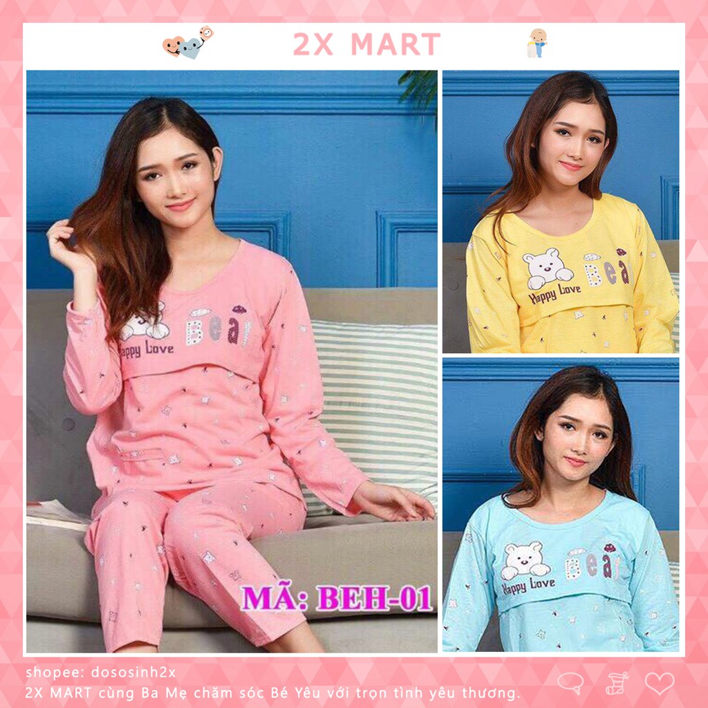 Bộ bầu sau sinh dài tay cotton lật ngực cho bé bú quần có chun chỉnh bụng cho mẹ áo lật vạt ti - 2X MART - lenashop68