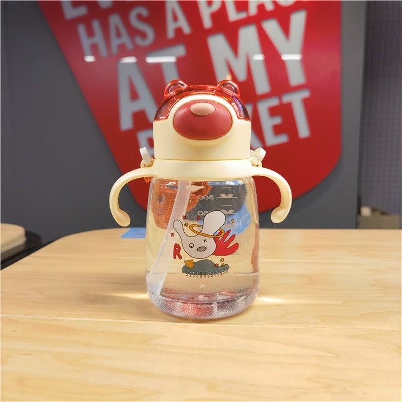 Bình Nước MY0184 Có Tay Cầm Và Ống Hút Họa Tiết Gấu Hoạt Hình Dễ Thương Cho Bé Mẫu Giáo