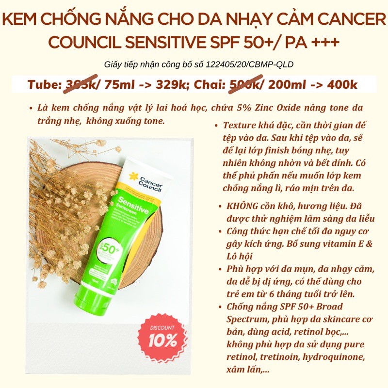 [Mã SKAMSALE10 giảm 10% đơn 200K] Kem chống nắng dành cho Da nhạy cảm Cancer Council Sensitive SPF 50+/ PA +++