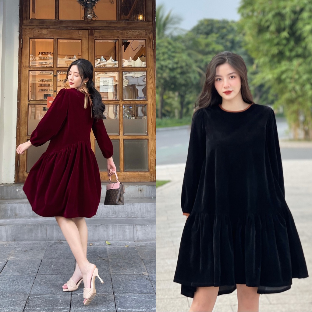 Đầm babydoll dài tay chất nhung mịn hai màu - Váy bầu dáng rộng mặc công sở đi chơi đẹp