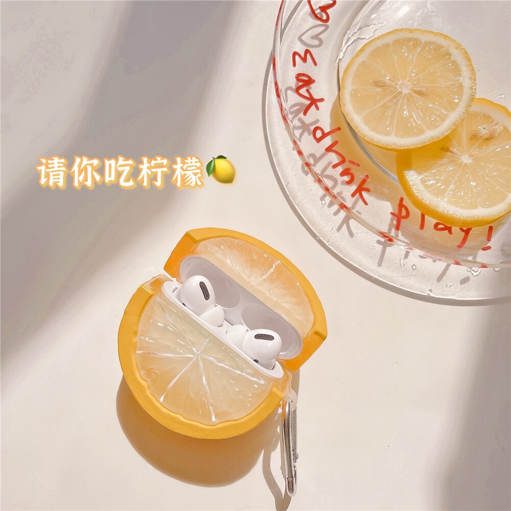 Vỏ bảo vệ hộp sạc tai nghe bằng silicon hình trái chanh 3D xinh xắn thích hợp cho Airpods 3 2 1 Pro