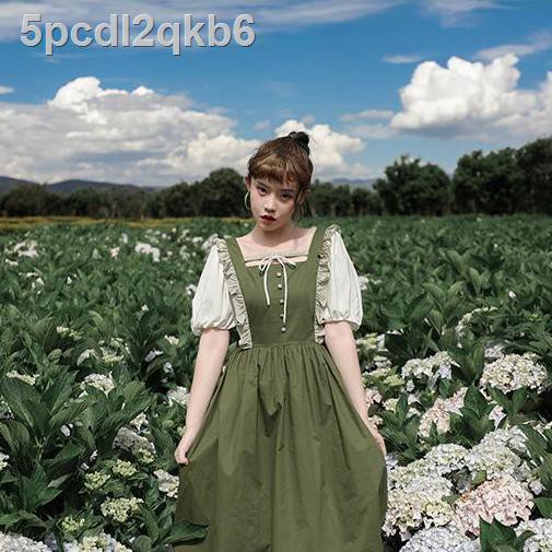 Váy màu xanh lá cây bơ mùa xuân vẽ tranh sơn dầu kiểu phương Tây dài cổ vuông Nữ dễ thương Nhật Bản Mori Girl | BigBuy360 - bigbuy360.vn