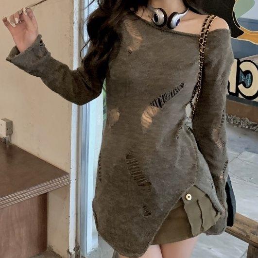 Áo Dệt Kim Tay Dài Rách Lỗ Thời Trang Mùa Thu 2022 Phong Cách Mới Quyến Rũ Cho Nữ