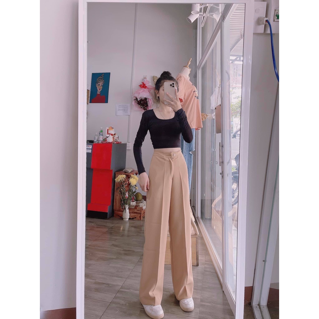 Quần Ống Rộng Suông lưng cao khóa trước 1 khuy chất tuyết mưa khuy giữa quần culottes ống xuông cạp cao cho nữ mã_KL666