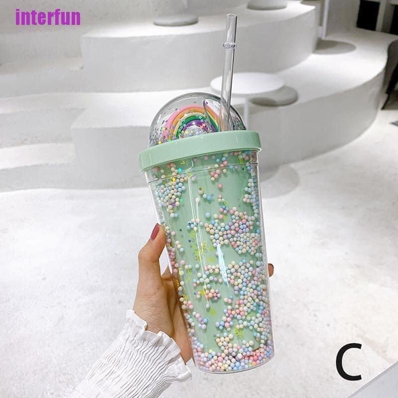 LY GIỮ NHIỆT NHỰA 2 LỚP HÌNH CẦU VỒNG SIÊU ĐẸP TẶNG KÈM ỐNG HÚT.AP