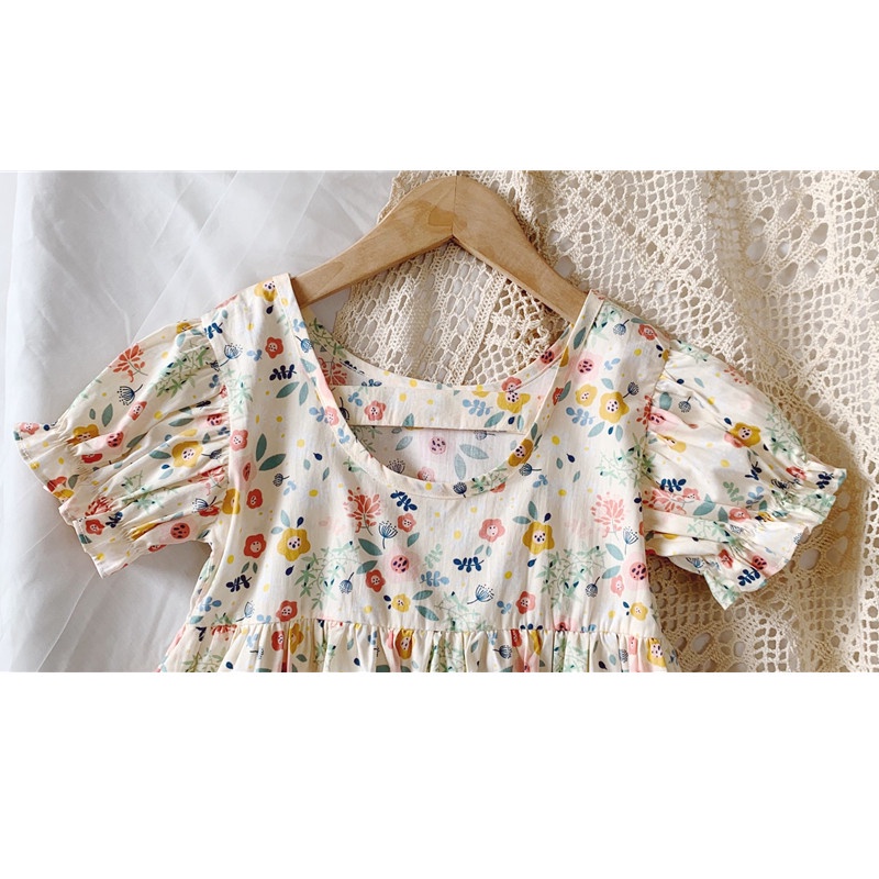 Đầm Công Chúa Tay Ngắn Bằng Vải Cotton In Hoa Thời Trang Dễ Thương Dành Cho Bé Gái