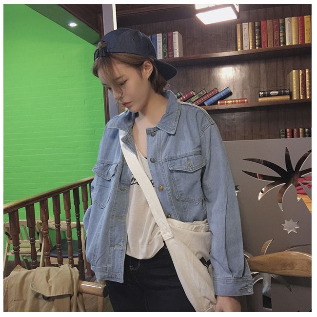 ÁO KHOÁC JEAN NỮ + NAM XANH NHẠT TRƠN FOME RỘNG ROCKTOM P#L1-7