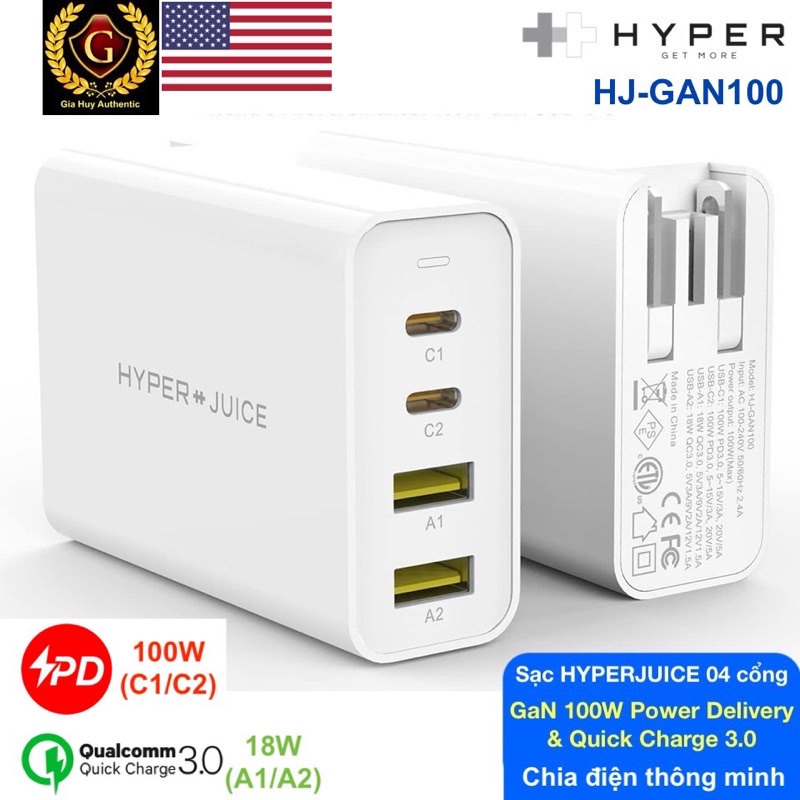 Củ sạc nhanh Macbook Pro, iPad Pro, iPhone 12, Note 10, S10 HYPERJUICE 100W GaN PD 3.0 & QC 3.0