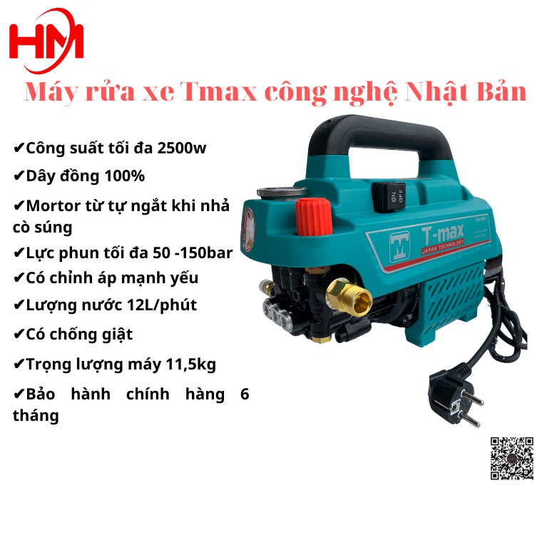 Máy Rửa Xe Mini 2500W Tmax Công nghệ Nhật Bản Bảo Hành 6 Tháng Cam Kết Dây Đồng 100%