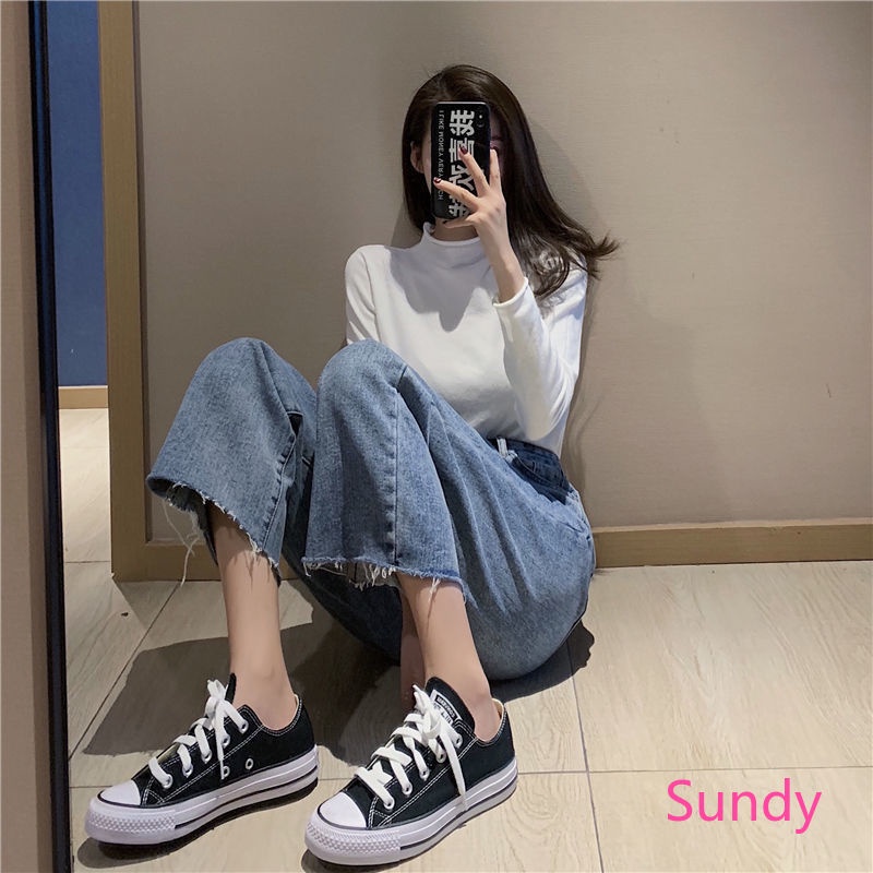 Quần jean ống rộng lưng cao phong cách Hàn Quốc thời trang dành cho nữ