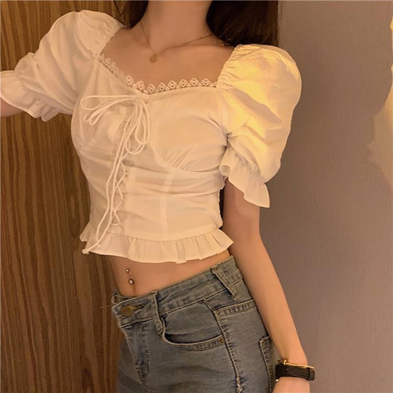 Áo croptop IELGY cổ vuông phong cách Pháp thời trang mùa hè xinh xắn cho nữ