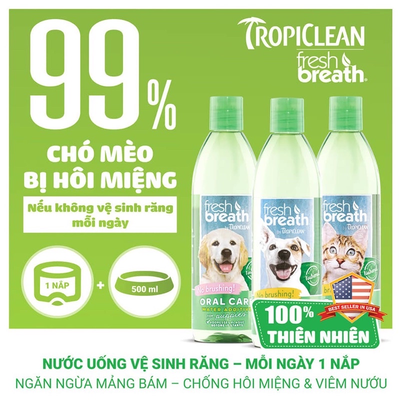 TropiClean - Nước uống vệ sinh răng miệng bổ sung thực phẩm chức năng cho chó mèo 473ml