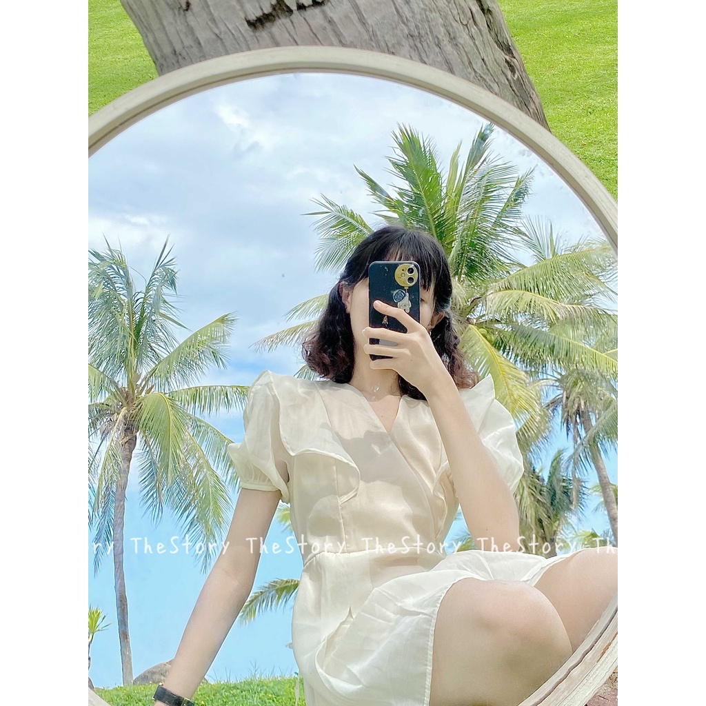 Đầm tơ cổ V bèo vai  D1001