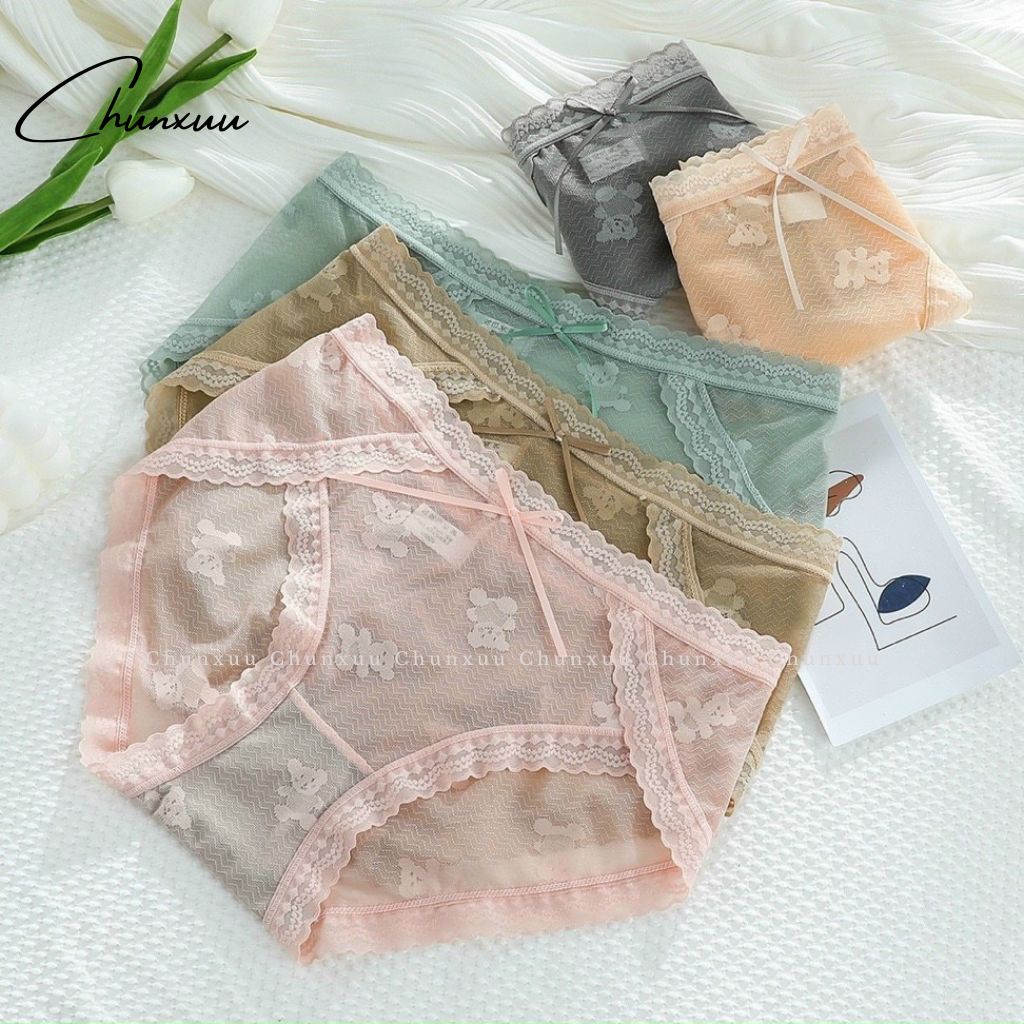 Quần lót ren nữ cao cấp Chunxuu chất liệu mềm mại, họa tiết gấu phối nơ dễ thương - QC106