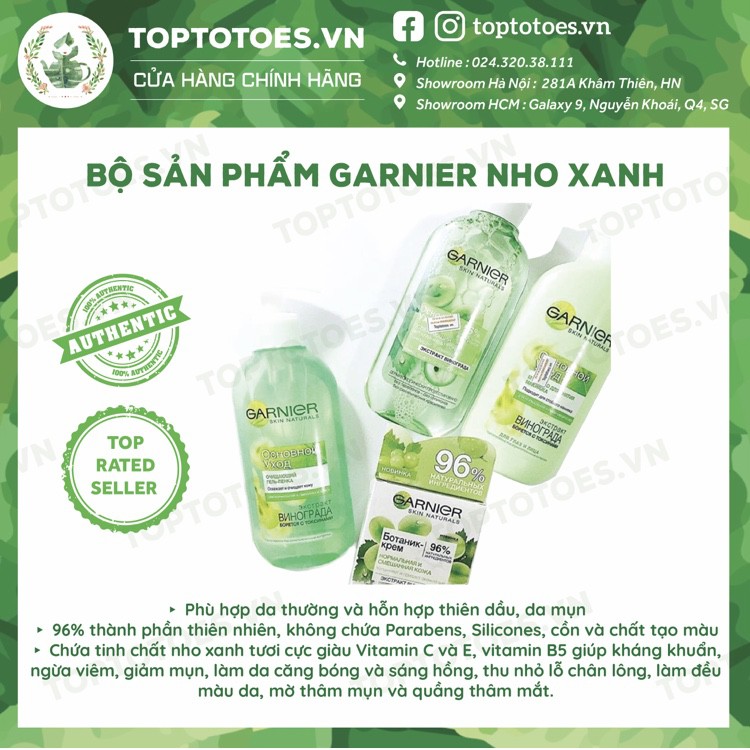 Kem dưỡng Garnier Botanical with Grape Water chứa chiết xuất nho xanh dưỡng ẩm, cho da mềm mịn, sáng hồng