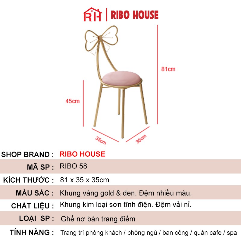 Ghế nơ RIBO HOUSE ghế bàn trang điểm khung kim loại sơn tĩnh điện, mặt ghế bọc đệm cao cấp phong cách hàn quốc RIBO40