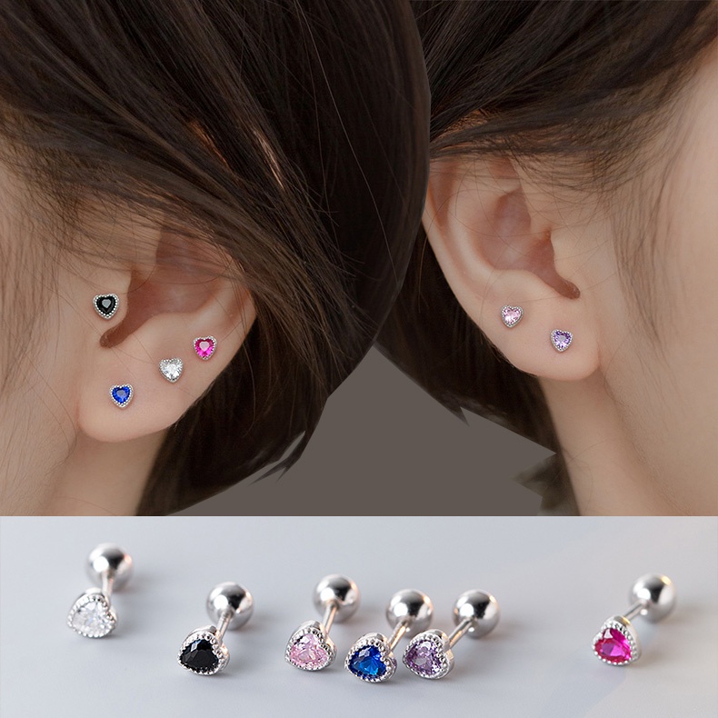 Bông Tai Hình Trái Tim Nhỏ Bằng Đồng Đính Đá Zircon Lấp Lánh 6 Màu Tùy Chọn Cho Nữ