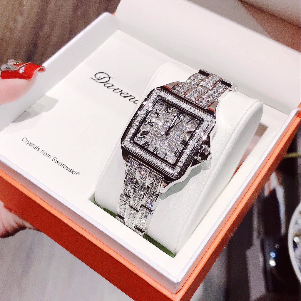 Đồng Hồ Nữ Davena Vuông Đính Đá Silver 30mm