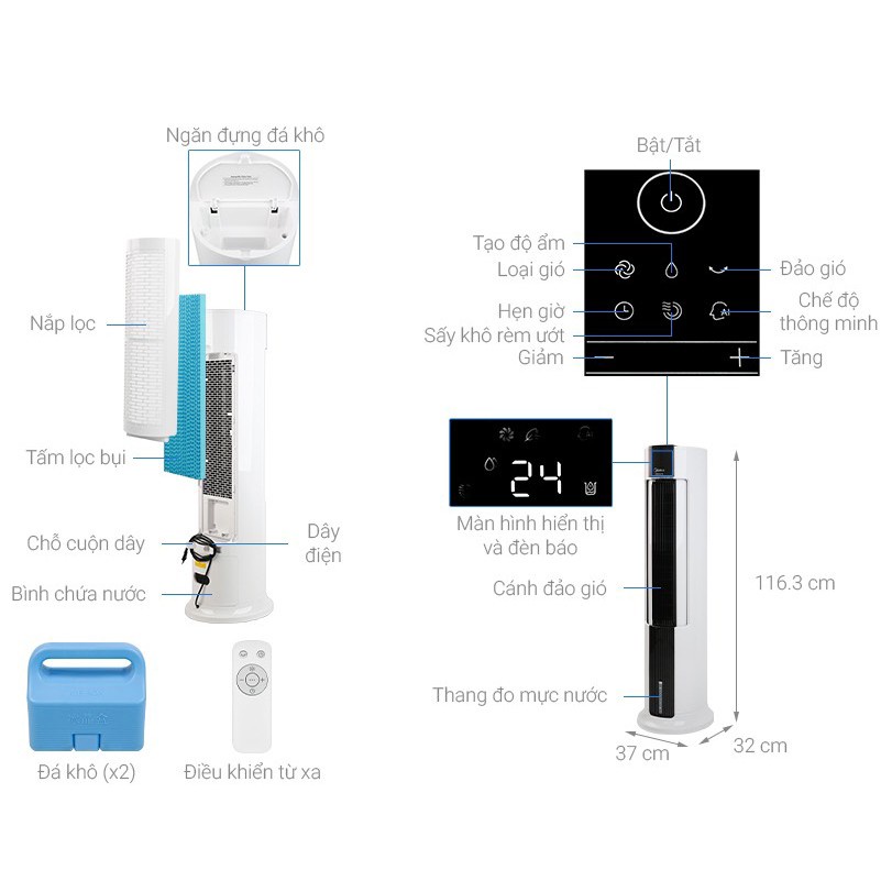 Quạt điều hòa tháp tròn không cánh inverter cao cấp Midea AC120-18AR, bảo hành 12 tháng, lỗi 1 đổi 1