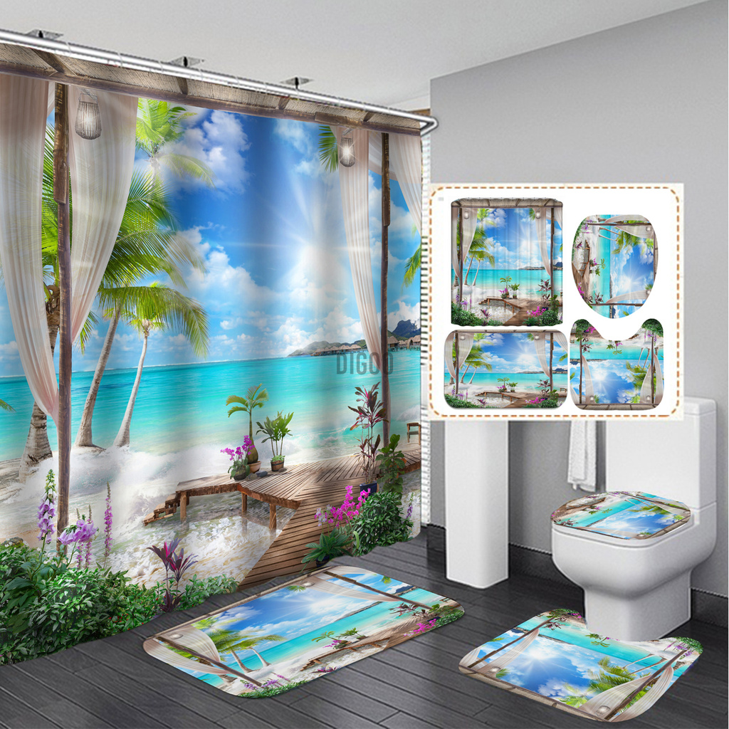 Landscape Shower Curtain Sets with Non-Slip Rugs Toilet Lid Cover Bath Mat Waterproof Curtain