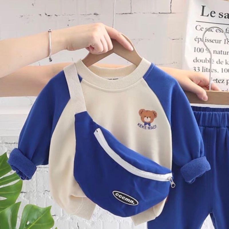 Bộ nỉ cho bé kèm túi  Đồ bộ thu đông dài tay cho bé trai, bé gái 1 2 3 4 5 6 7 tuổi