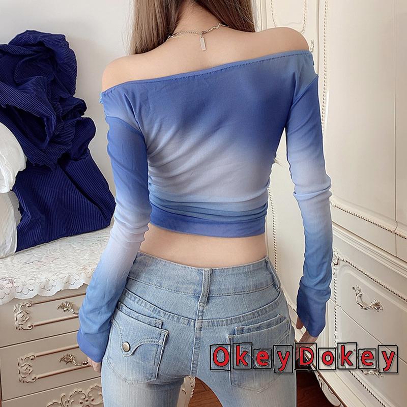 Áo Thun Tay Dài Trễ Vai Phối Lưới Nhuộm Màu Thời Trang Đường Phố Cho Nữ ODokey