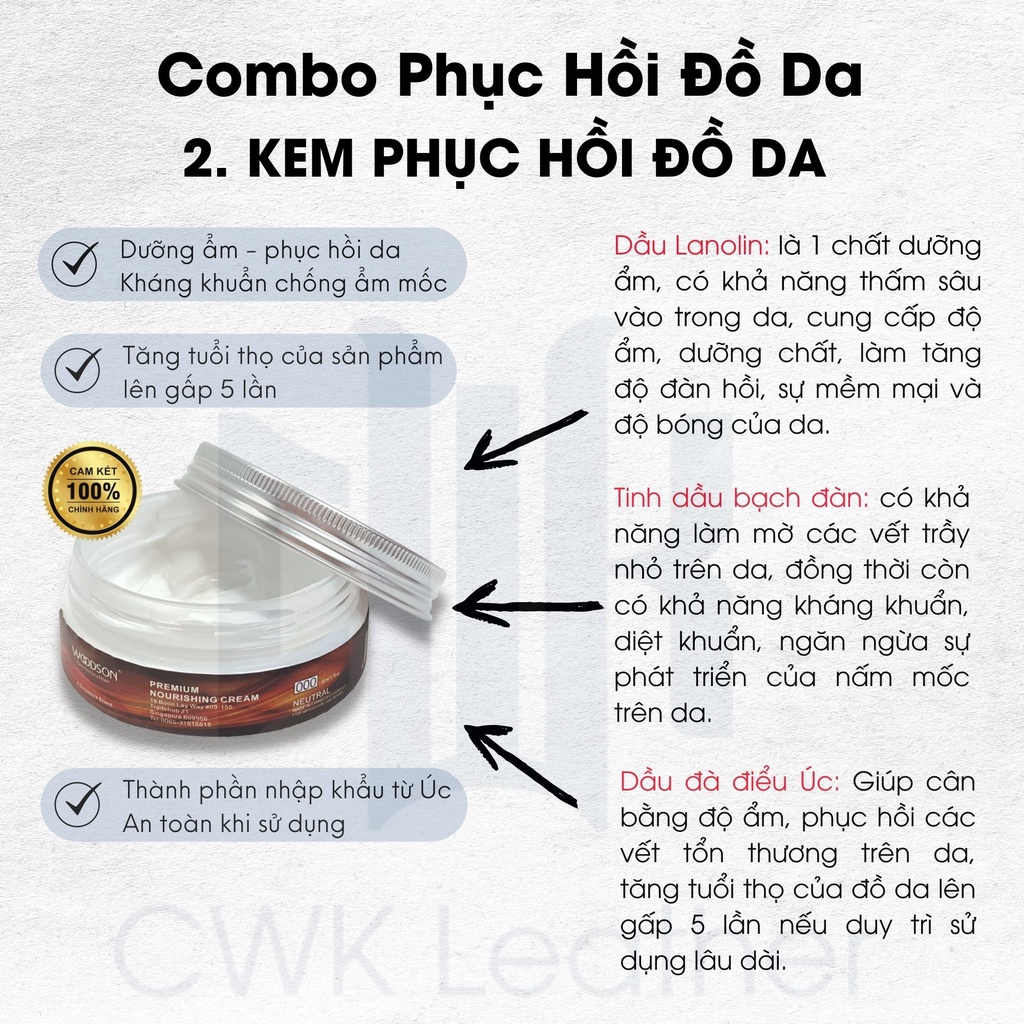 [Chính Hãng] Bộ vệ sinh phục hồi đồ da Woodson áo da, giày da, túi, ví da