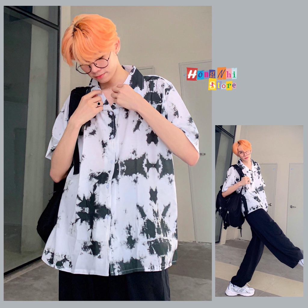 Áo Sơ Mi Họa Tiết Loang Màu Tay Lỡ Dáng Rộng Ulzzang Unisex, Sơ Mi Đi Biển - MM