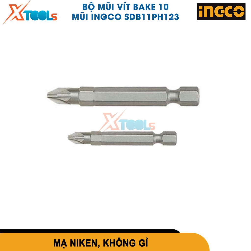 Bộ 10 đầu bắn vít bake INGCO PH1/2/3x50mm Ingco thép công nghiệp mạ niken, mũi vít bake nhiều size [CHÍNH HÃNG][XTOOLS]