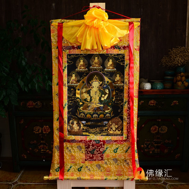 ☬❍Bản mệnh của Phật Bà Quan Âm Thangka Bốn tay Thẻ màu đen Làm bằng Tây Tạng Gắn Đồng Mạ Vàng Bức Tranh Tường Bồ Tát