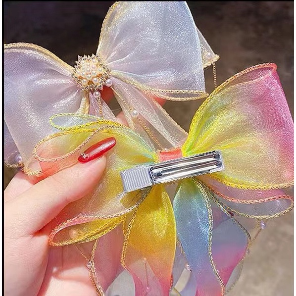 Kẹp Nơ Trẻ Em|Phụ Kiện Tóc Lưới Đính Ngọc Trai Nhân Tạo Màu Gradient Dành Cho Bé Gái