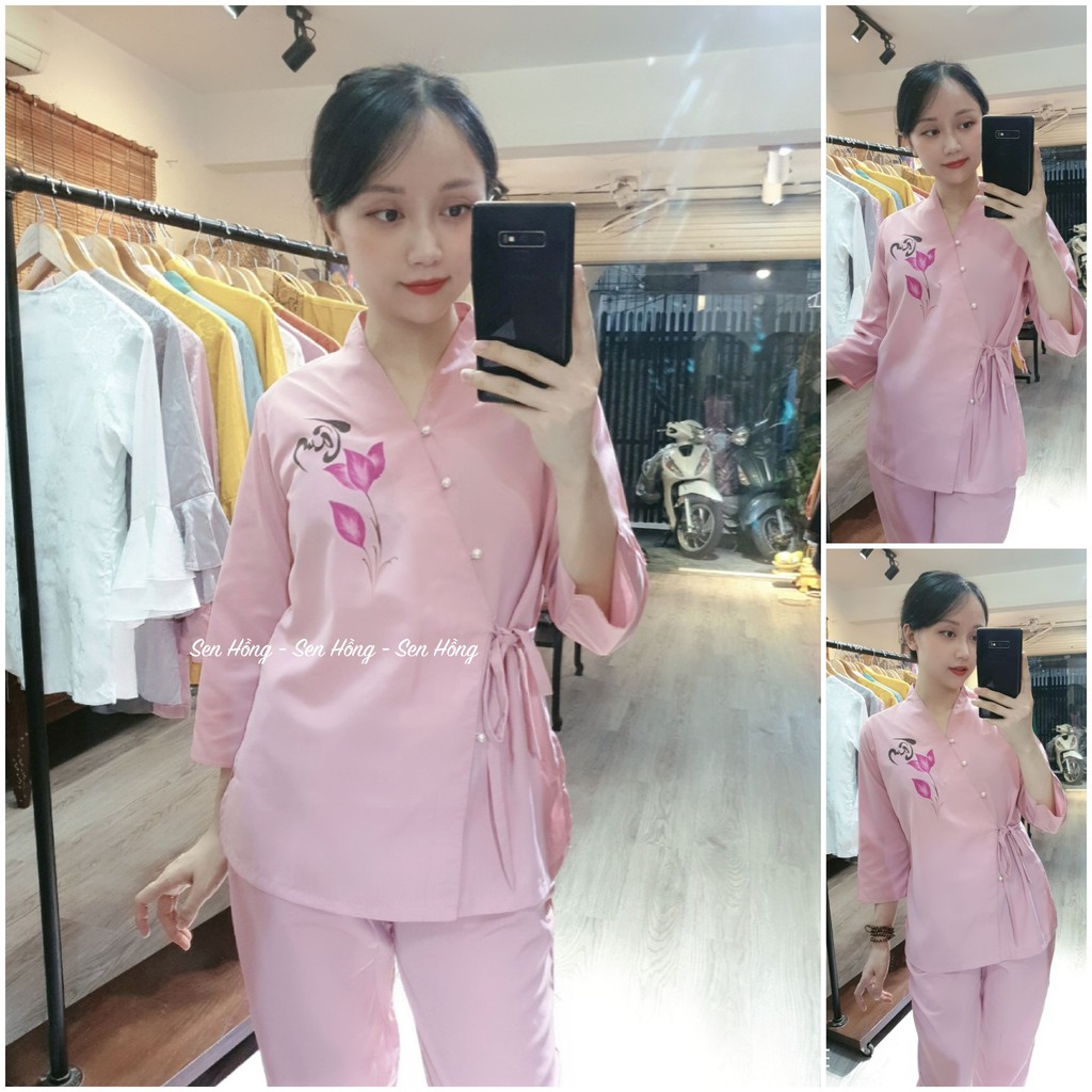[Mã FATHANG5 giảm 10K đơn 50K] Bộ đồ lam cài chéo Nhật vẽ thư pháp - Quần áo Phật tử thời trang đi lễ chùa