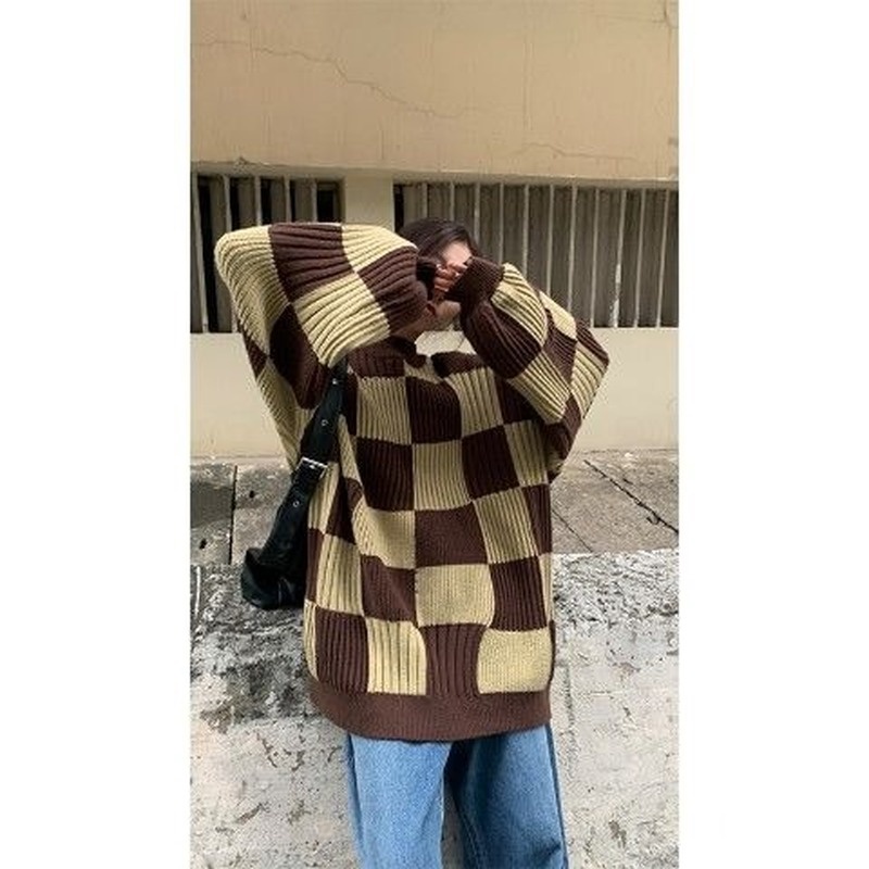 Áo len dài tay họa tiết ca rô thời trang dành cho nữ
