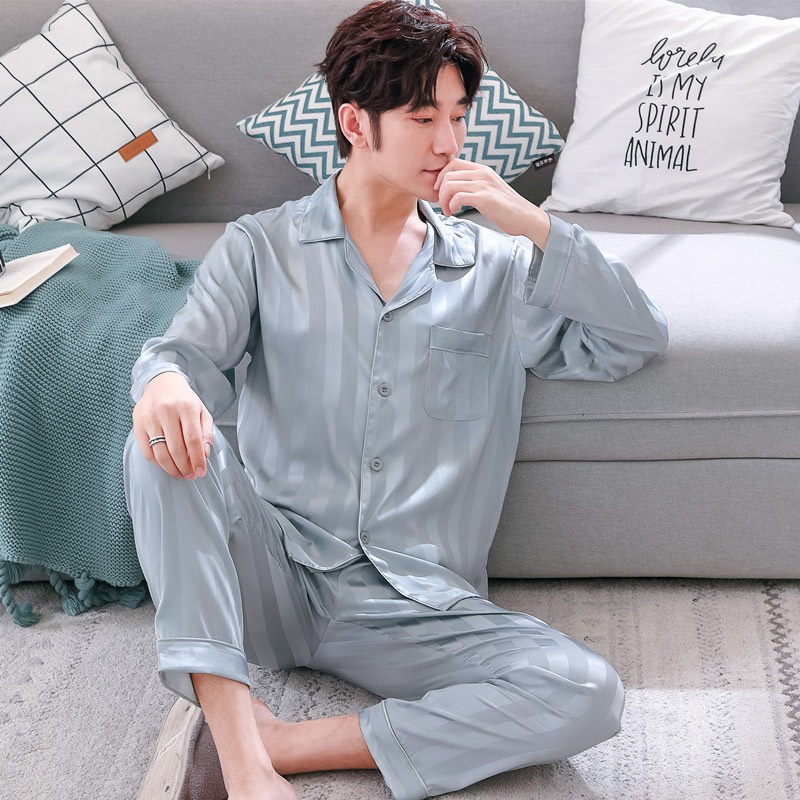 Bộ pyjama nam dài tay vải lụa satin mềm mại, thoáng mát N9371 - Thời Trang Dương