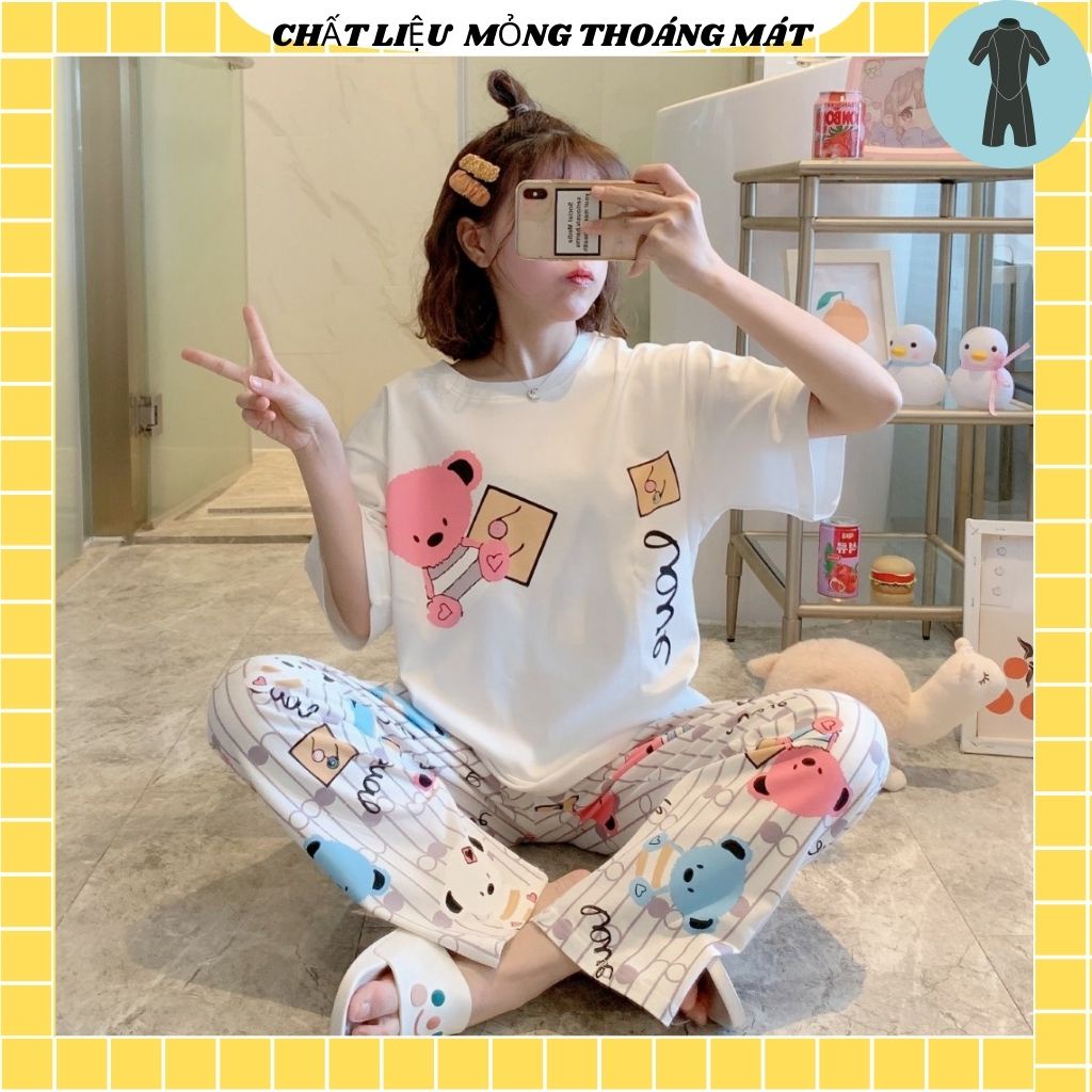 [ SẴN]Đồ bộ thun quần dài, đồ mặc ở nhà Quảng Châu, họa tiết hoạt hình gấu dễ thương