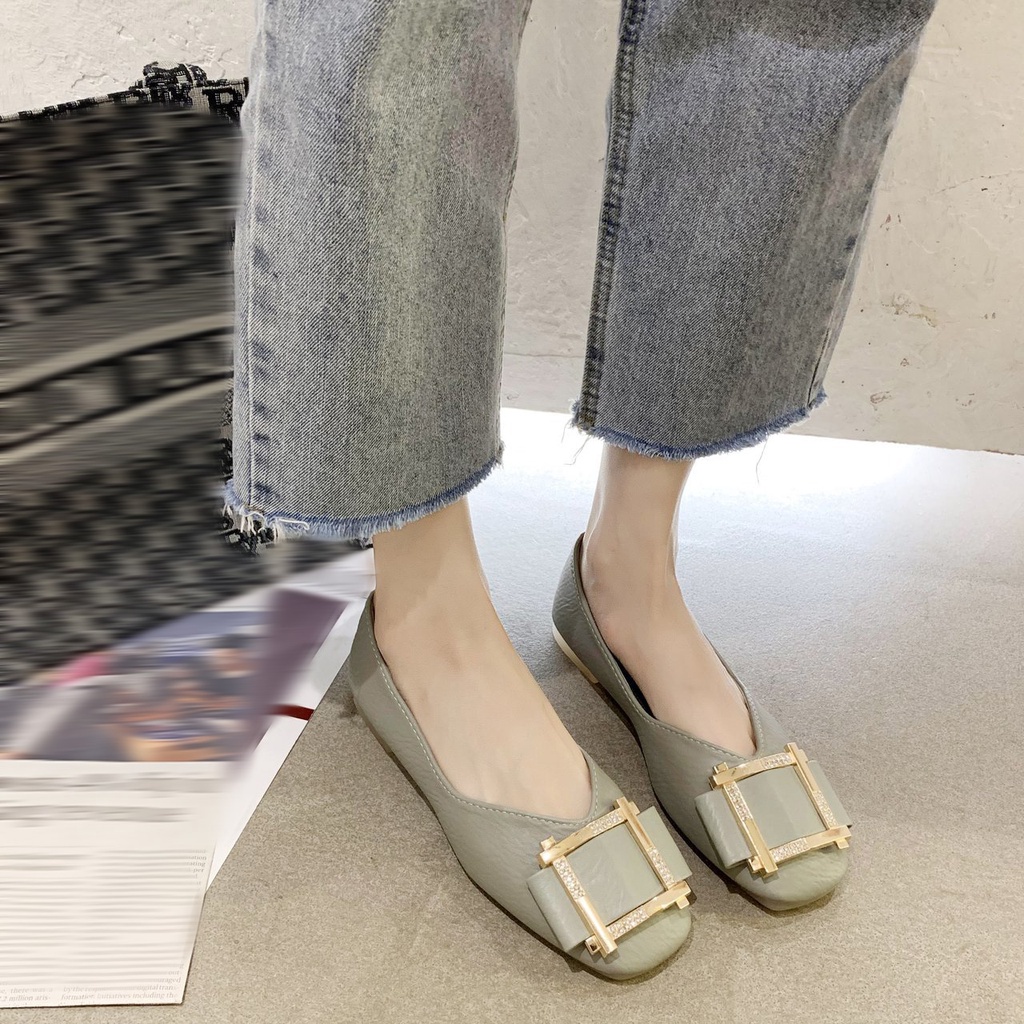 Giày Búp Bê Đế Mềm Mũi Vuông Phối Khóa Kim Loại Thời Trang Dành Cho Nữ
