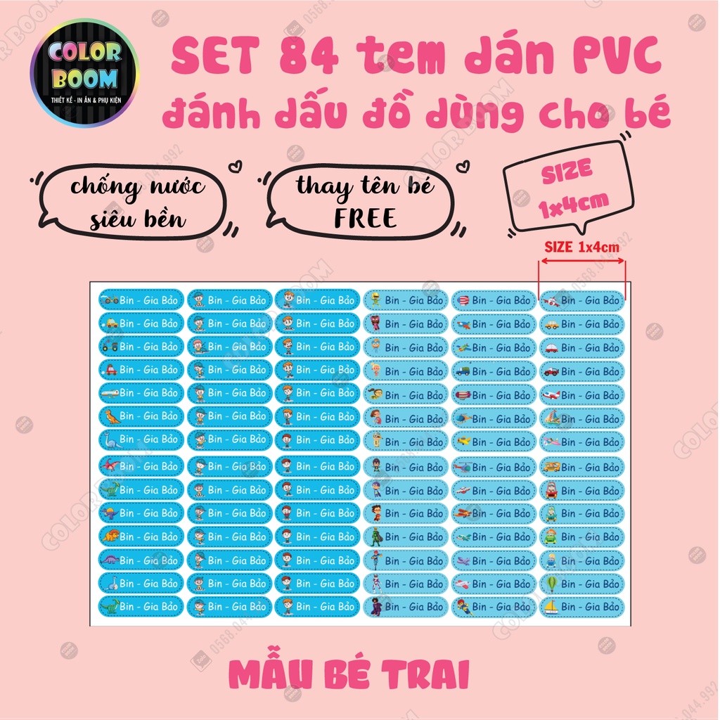 Set 84 Sticker Dán Đồ Dùng Cho Bé - Decal PVC chống thấm - Size 1x4cm