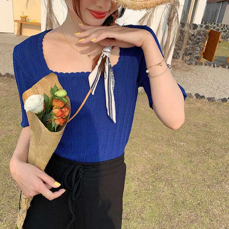 Áo kiểu ZHELIHANGFEI dệt kim tay ngắn thiết kế quyến rũ thời trang trẻ trung dành cho nữ