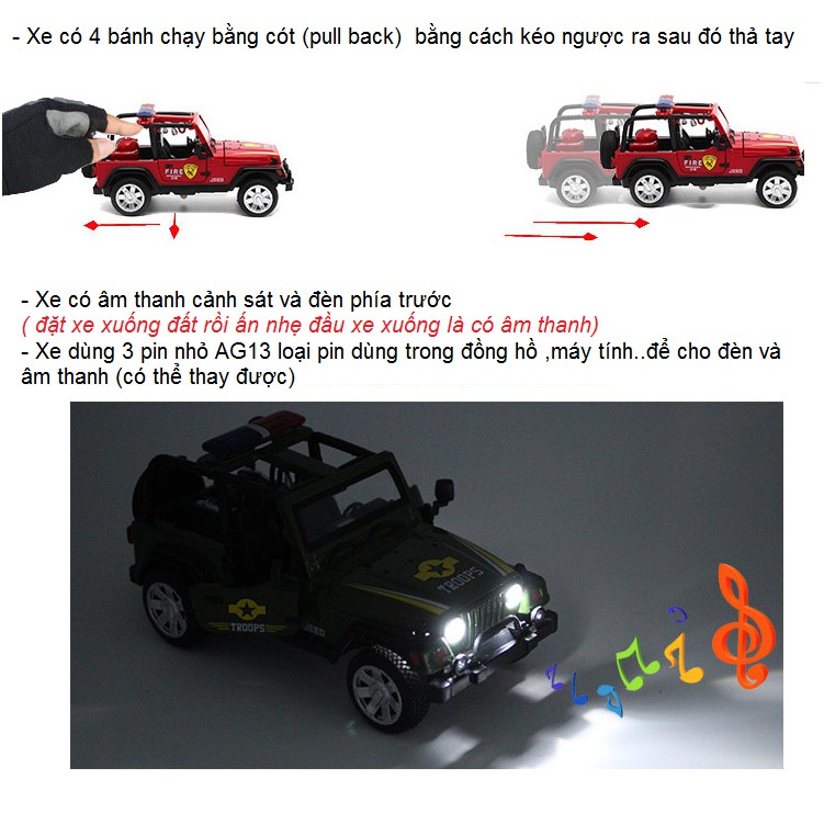 Mô hình xe Jeep 1:32 có âm thanh cảnh sát và đèn xe bằng kim loại mở được các cửa
