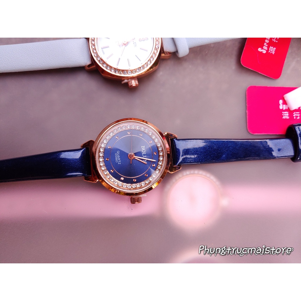 Đồng hồ nữ Bolun đẹp chính hãng dây da mặt viền đá chống nước Tony Watch 68