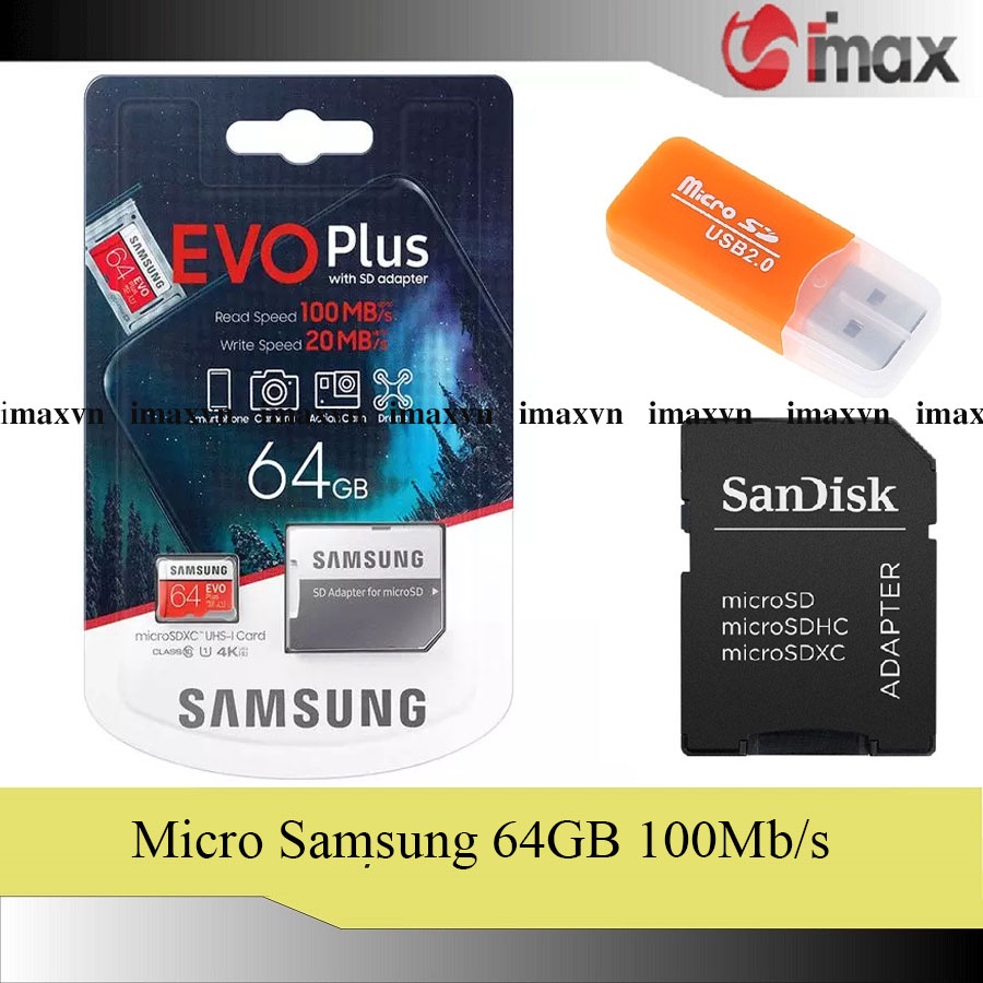 Thẻ nhớ Samsung Micro SDXC 64GB 100/20MB/s + Tặng Đầu đọc thẻ + Adapter