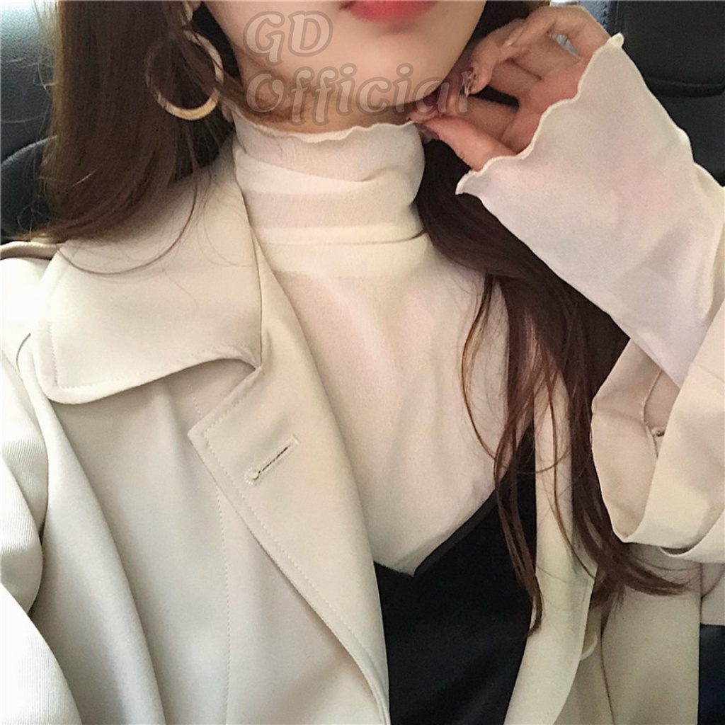 AT2|Áo sơ mi voan cổ cao lọ đứng mặc bên trong áo len tay bèo phồng thun dài ren trắng đen nâu GD Official