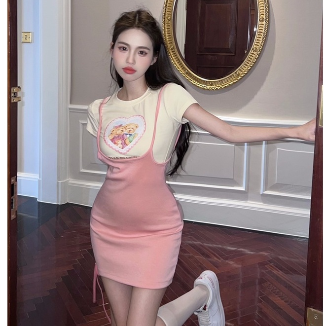 QKOOLE Áo thun/ Đầm  phong cách Hàn Quốc thời trang gợi cảm cho nữ
