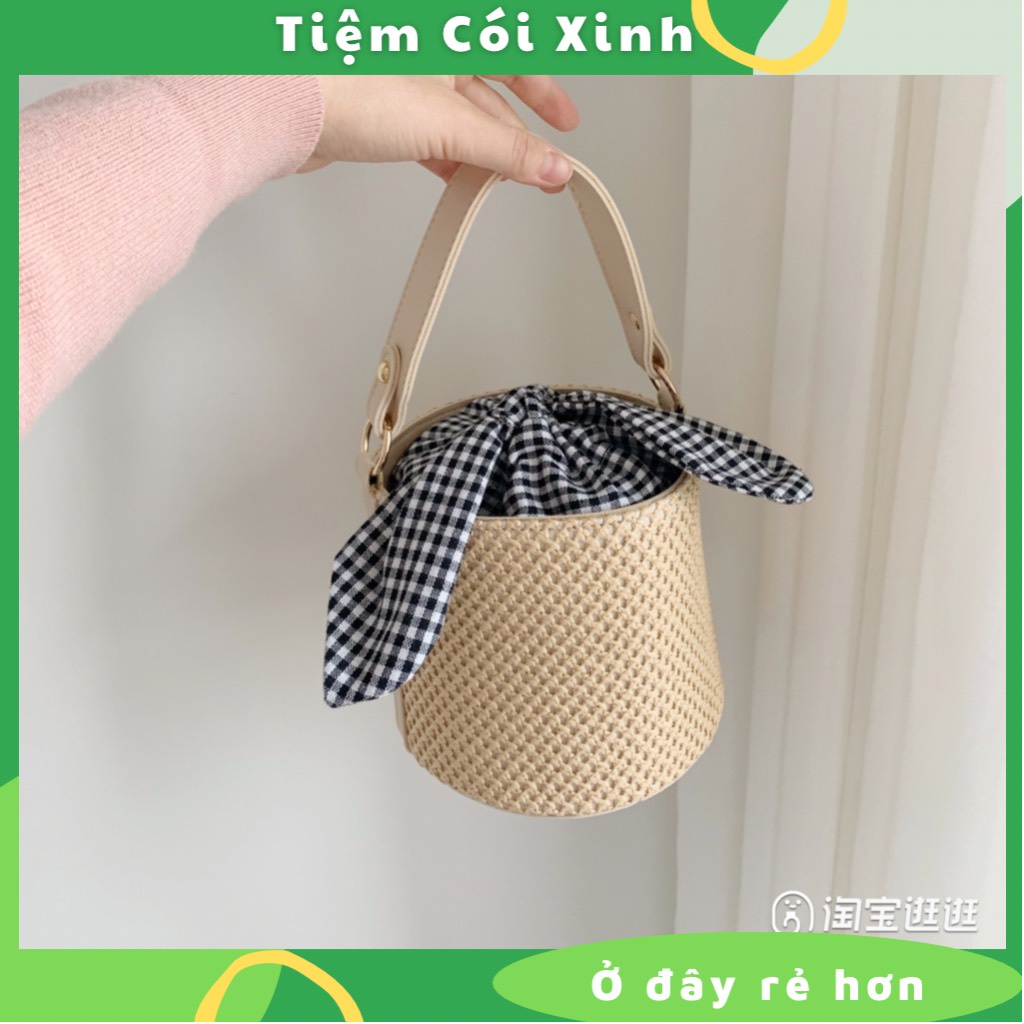 Túi Xách Cói Đeo Chéo Bucket Tai Thỏ Nữ Hình Trụ Mẫu Mới Lót Vải Caro Dễ Thương Có Dây Rút